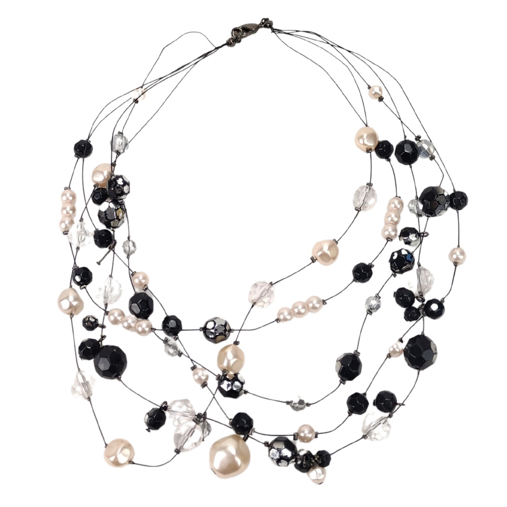 Multi Strand Silver Tone Black Crystal Faux Pearl Bead Costume Fashion Necklace